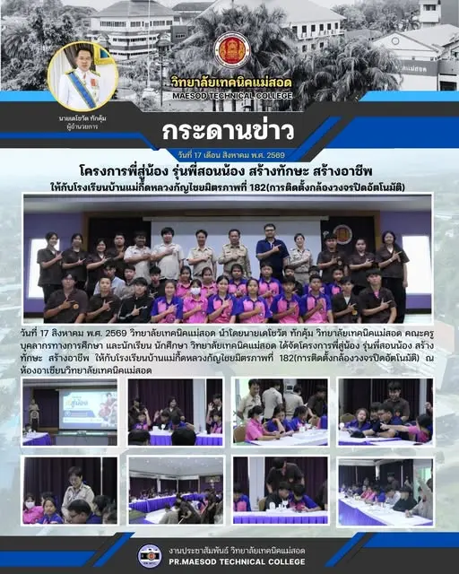 "โครงการพี่สู่น้อง รุ่นพี่สอนน้อง สร้างทักษะ สร้างอาชีพ" ในหลักสูตรการติดตั้งกล้องวงจรปิดอัตโนมัติ ให้กับน้อง ๆ นักเรียนโรงเรียนบ้านแม่กื้ดหลวงกัญไชยมิตรภาพที่ 182